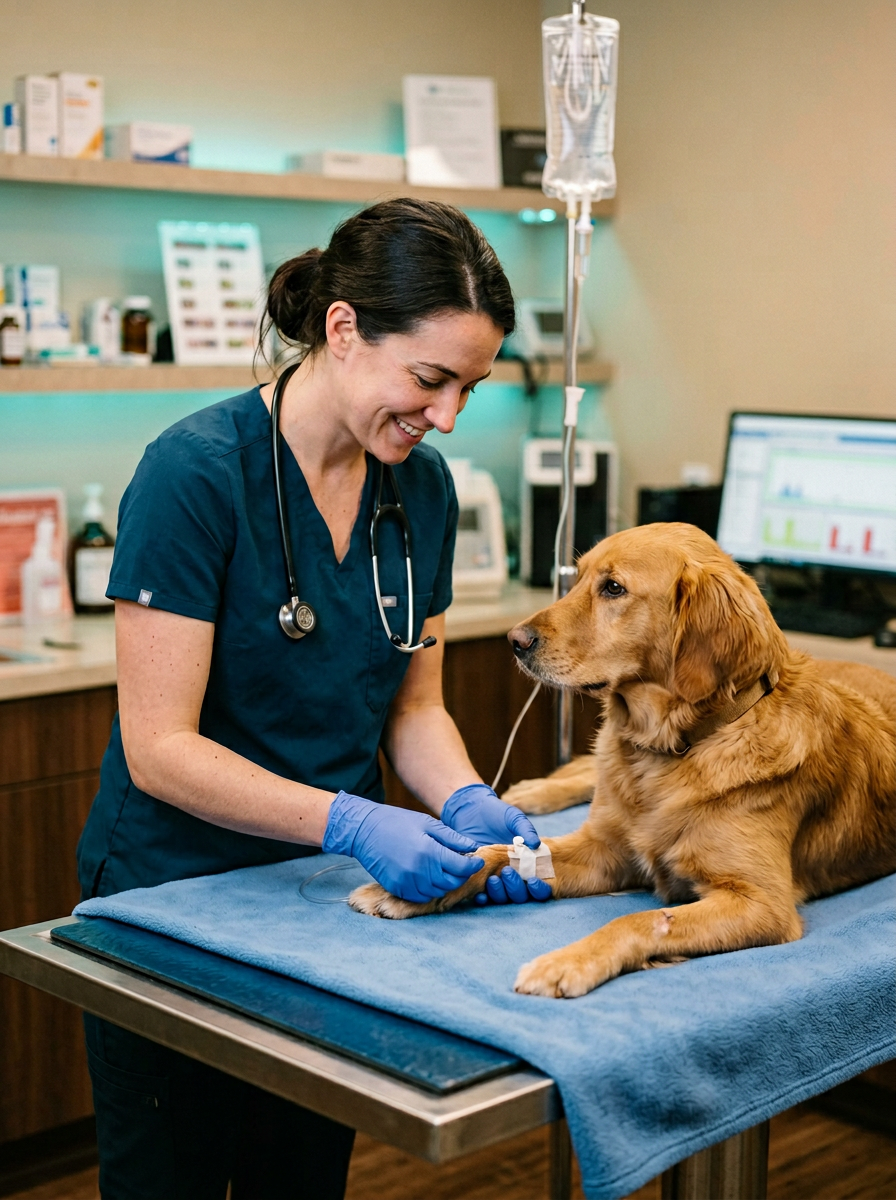Oncólogo veterinario evaluando a un perro en consulta en CDMX