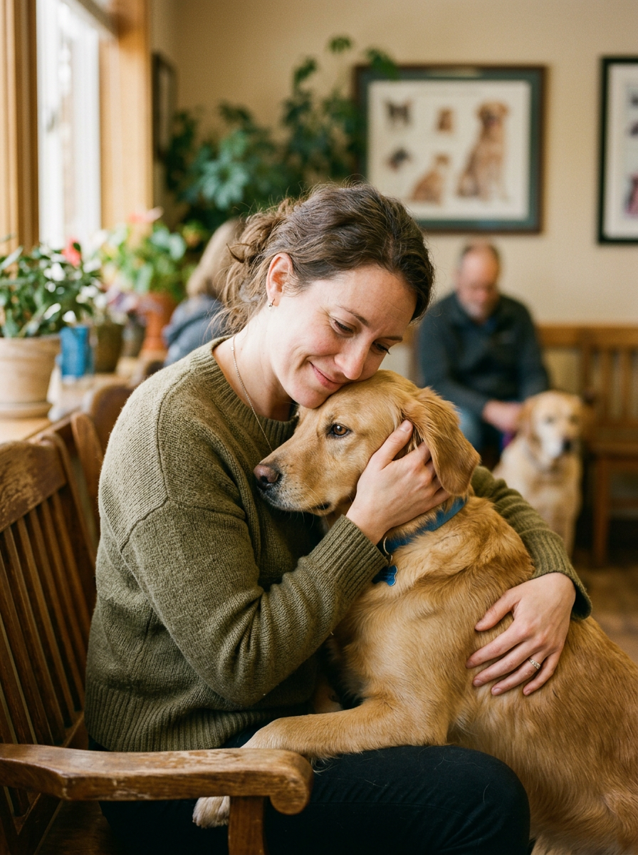 Persona abrazando a su perro con amor y esperanza en una clínica veterinaria